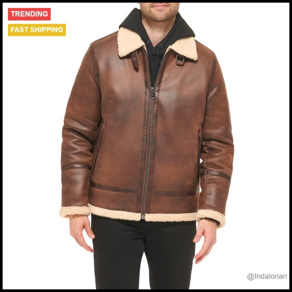 Faux Leather Bomber Jacket Shearling Lined Classic Menswear Layering Essential
